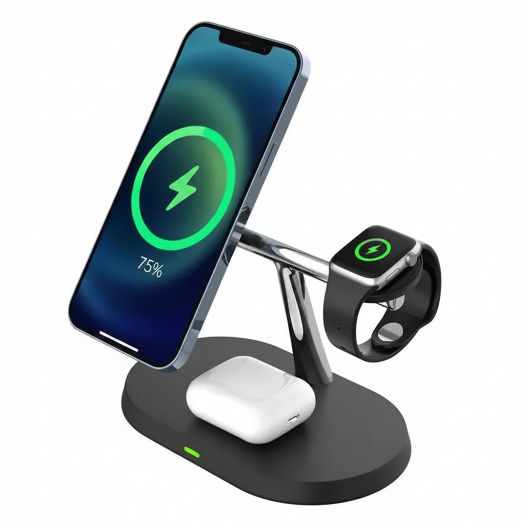 Multi-device charging stand with smartphone, smartwatch, and wireless earbuds on a white background